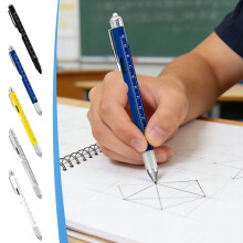 Caneta multifuncional 9 em 1 com lanterna LED, tinta recarregável, chave de fenda, nível, régua e abridor de garrafas – Compatível com refis de