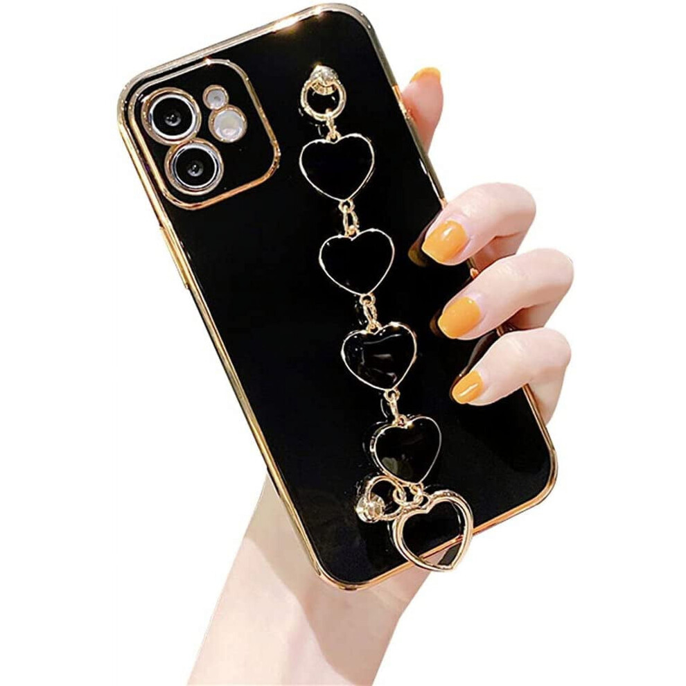 Gold Electroplated Tpu Phone Case With Hearts Chain, Compatible With Iphone 13 Pro Â Scratch-Resistant & Shockproof, Black Black,Gold 9027700619838