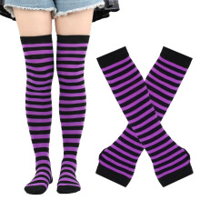 1 Set Womens Striped Knee High Socks Long Knitted Arm Warmers Fingerless Gloves for Halloween Costume (Socks+Gloves)