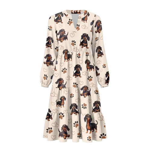 Abito midi da donna con scollo a V e maniche lunghe, patchwork, elastico in vita 1