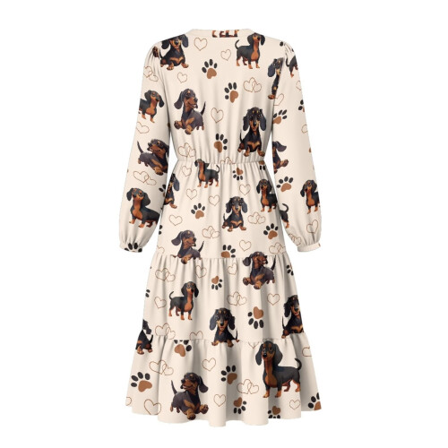 Abito midi da donna con scollo a V e maniche lunghe, patchwork, elastico in vita 2