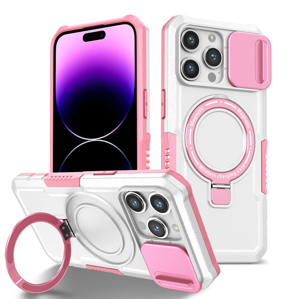 Tech Circle Case For Iphone 15 Pro (6.1") Â Sliding Camera Cover, Magsafe Compatible, Shockproof, Kickstand & Ring Holder, Pink/White 9377112615134