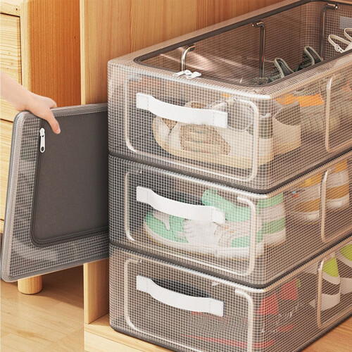 XiYing Underbed Shoe Storage Box, Foldable PVC Organizer with Steel Frame, Clear Stackable Container, 60x30x16cm, 1-Pack