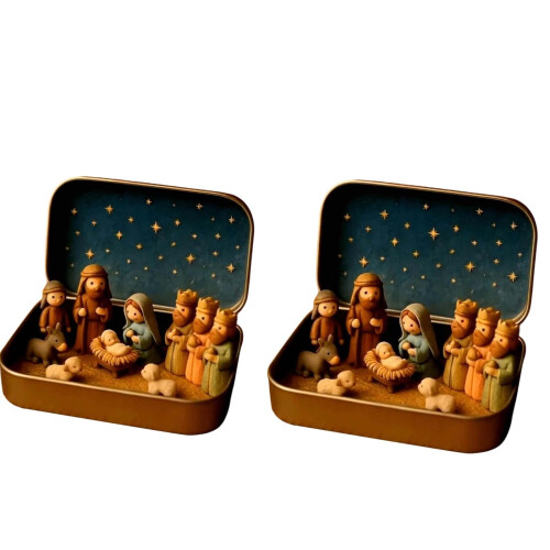 Mini Religious Easter Nativity Set Tin Box 2 Pieces