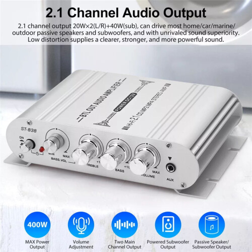 ST-838 Ενισχυτής Ισχύος 2.1 Καναλιών, Ασημί, 20W2 + 40W RMS 1