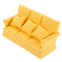 Miniature Dollhouse Bedroom Furniture Set with Yellow Cotton Fabric Sofa and Dining Room Accessories