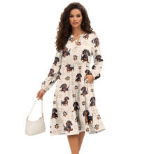 Dames midi-jurk met V-hals, lange mouwen, patchwork en elastische tailleband, maat L