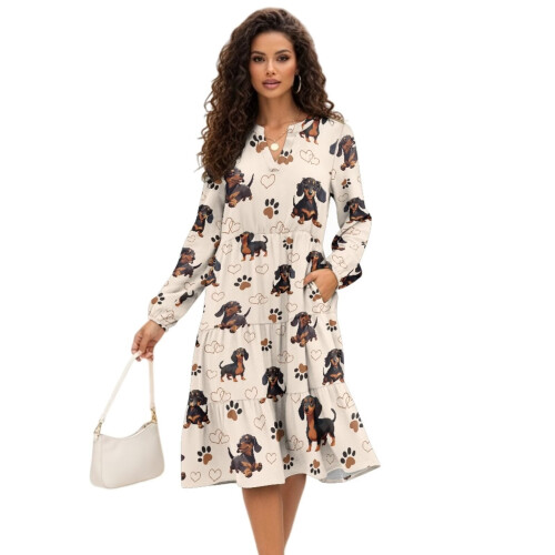 Abito midi da donna con scollo a V e maniche lunghe, patchwork, elastico in vita
