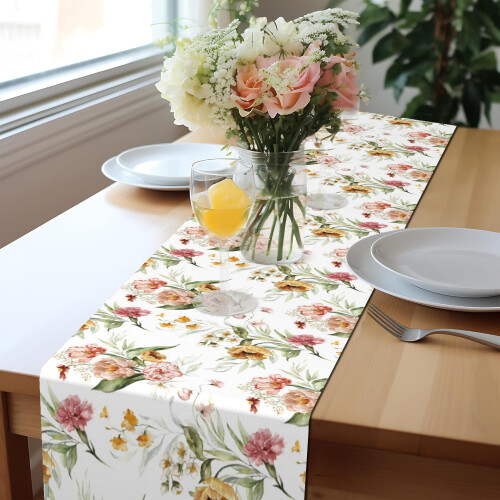 Rustic White Table Runner,Pink Floral Kitchen Dining Table Decoration 13x72 Inch 2