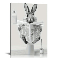 Black & White Humorous Bunny Reading Newspaper Canvas Poster – Framed Wall Art for Bathroom, Bedroom, Kitchen, Living Room, Office, Cafe –