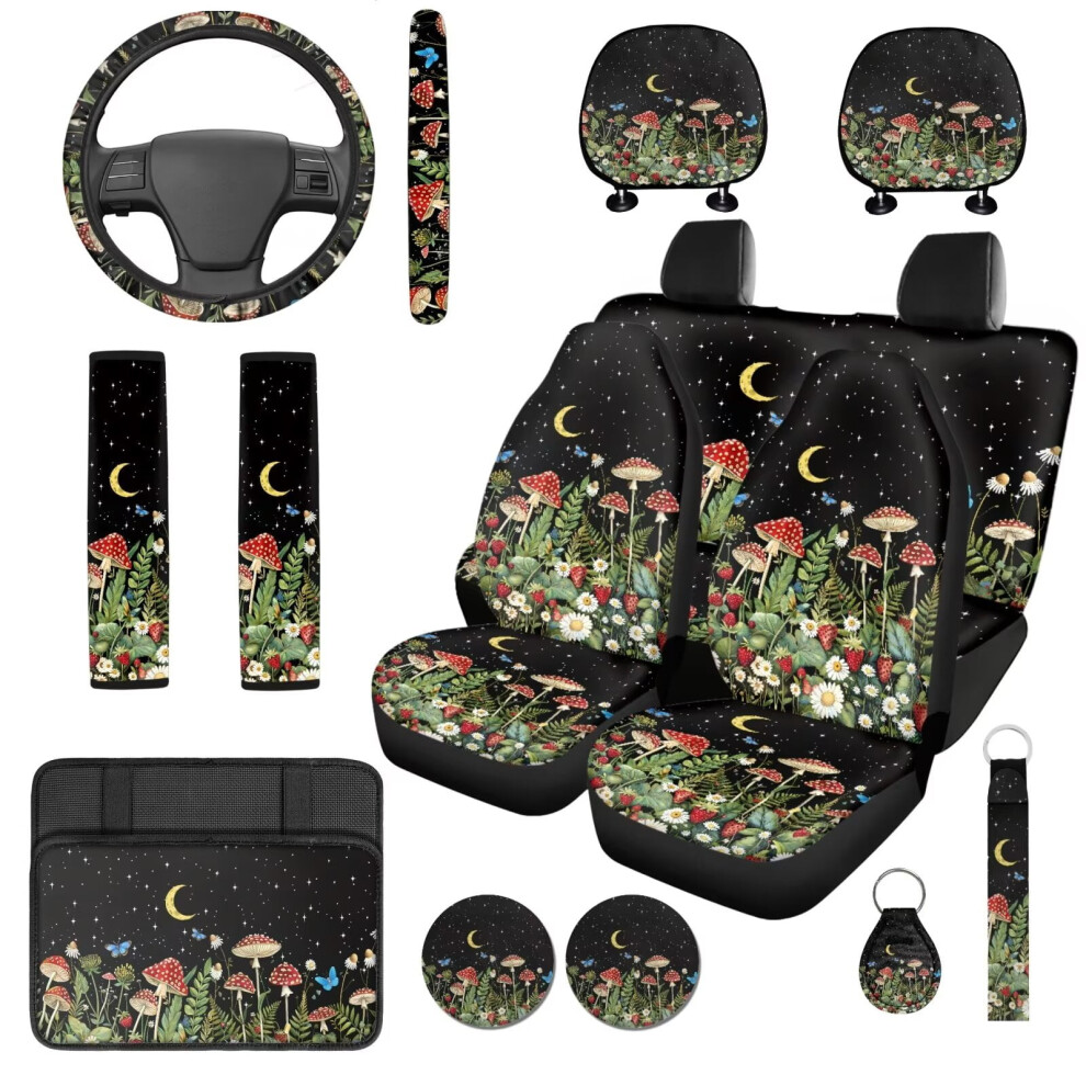 Vintage Mushroom 14-Pc Car Seat Cover Set W/ Headrest, Steering Wheel, Console Covers, Seat Belt Pads & Cup Coasters Â Elastic Fit For Cars & Suvs 9399596241791