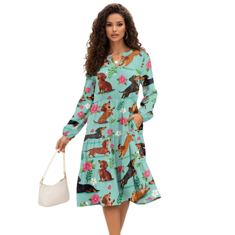 Dachshund Women's Midi Dress V-Neck Elastic Flowy Ruffled 9455834380209