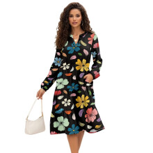 Dames maxi-jurk met bloemenprint, ruches en meerdere lagen, lange mouwen, zachte stof