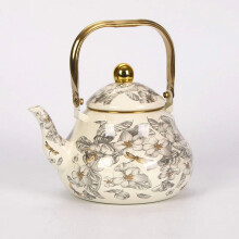 Enamel Teapot Gold Handle Pear Shape Dragonfly Floral