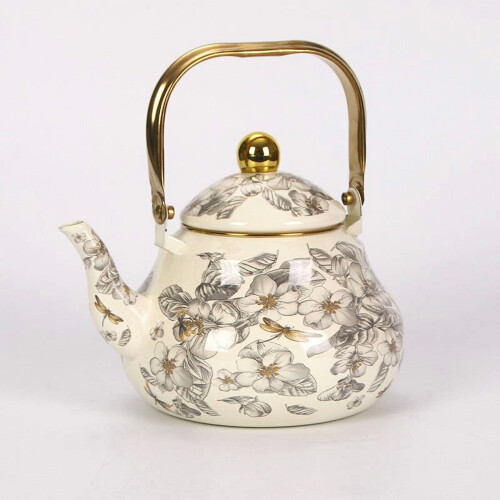Enamel Teapot Gold Handle Pear Shape Dragonfly Floral