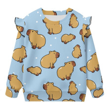 Cute Capybara Kids Long Sleeve Sweatshirt Crew Neck Pullover Sweater Ruffled Shoulders Design, Fall Winter Spring Clothes Sweaters Shirts Size 2-3