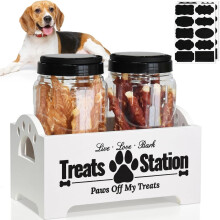 Wood Dog Treat Container with 2 Plastic Jars, Compatible with Farmhouse Decor, Pet Food Storage Organizer