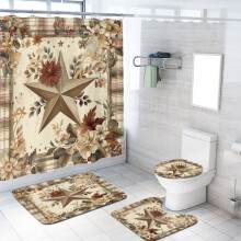 Western Texas Star Bathroom Set: Shower Curtain, Rug, Lid Cover & Accessories – Vintage Plaid Farmhouse Style, 72x72"