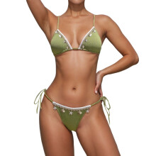 Damen 2-teiliger Neckholder-Triangel-Bikini mit Muschelmuster und seitlichen Bindebändern, Badeanzug