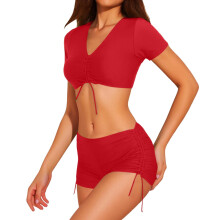 Damen-Bikini-Set mit Bindebändern vorne, Kurzarm, 2-teiliger Badeanzug, hochtaillierter Badeanzug mit Bauchkontrolle und Shorts