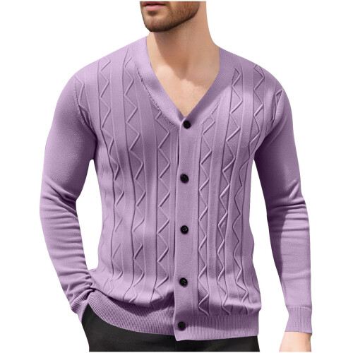 Ανδρικό Μονόχρωμο Πλεκτό Ζακέτα με V-Neck, Σχέδιο Ζακάρ, Μακρυμάνικο Πουλόβερ, 1