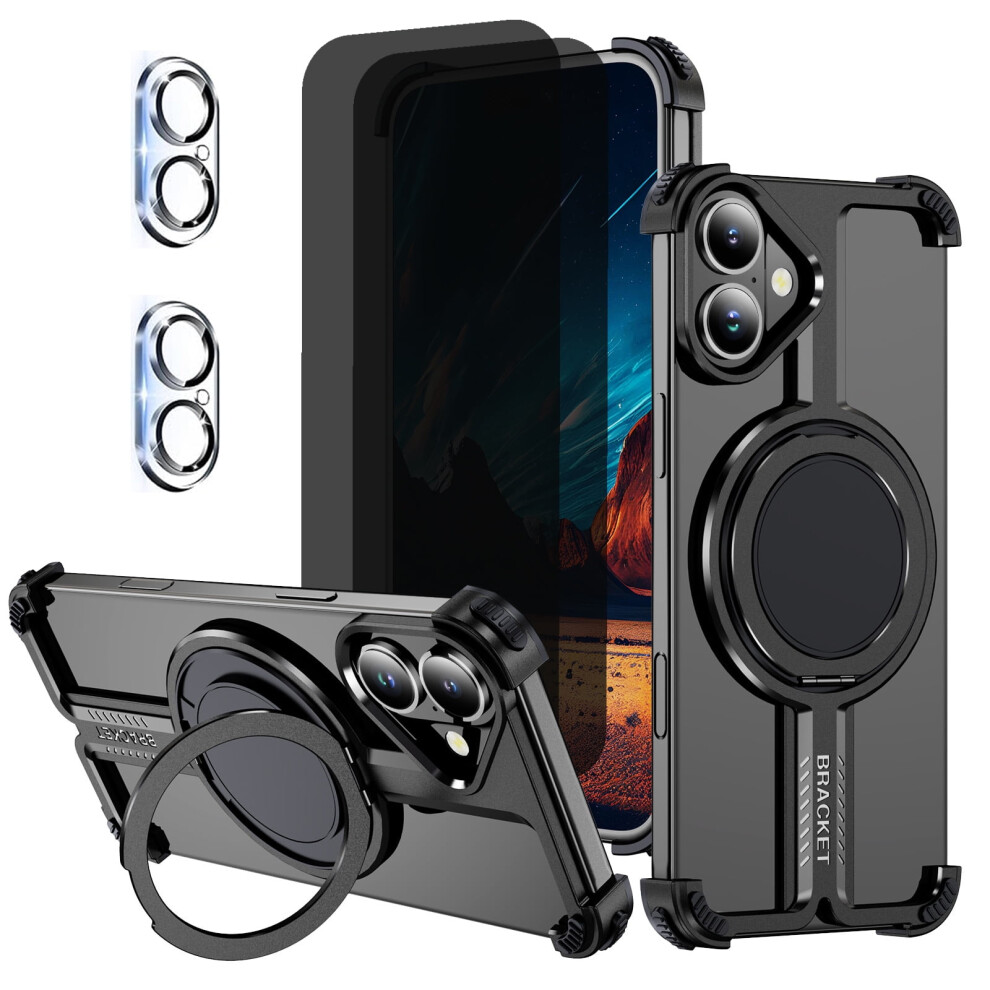 Compatible With Iphone 16 Plus: Frameless Metal Case + 2X Privacy Screen Protectors + 2X Camera Lens Protectors + 360 Kickstand, Slim Shockproof 9362892415920
