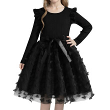 Girls Dress Long Sleeve Round Neck with 3D Butterfly and Mesh Sweet and Princess Style