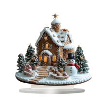 Acrylic Christmas Ornament 2D House Cabin with Base, Special Shape 3D Light Effect Art Decor for Holiday Tabletop, Home Desktop Decor
