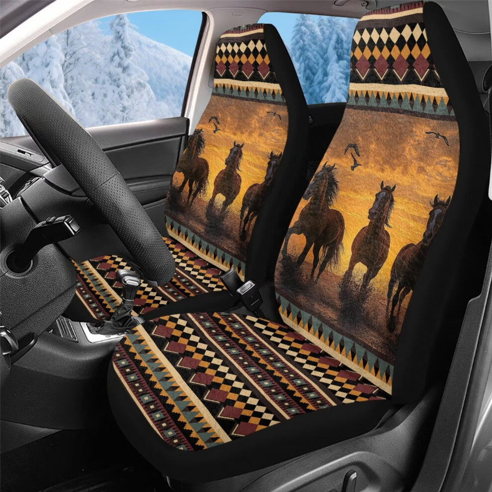2-Piece Universal Automotive Seat Covers For Trucks & Suvs, Western Horse Tribal Aztec Design, Velvet, Easy Install, Compatible With Most Coral 9193271980735