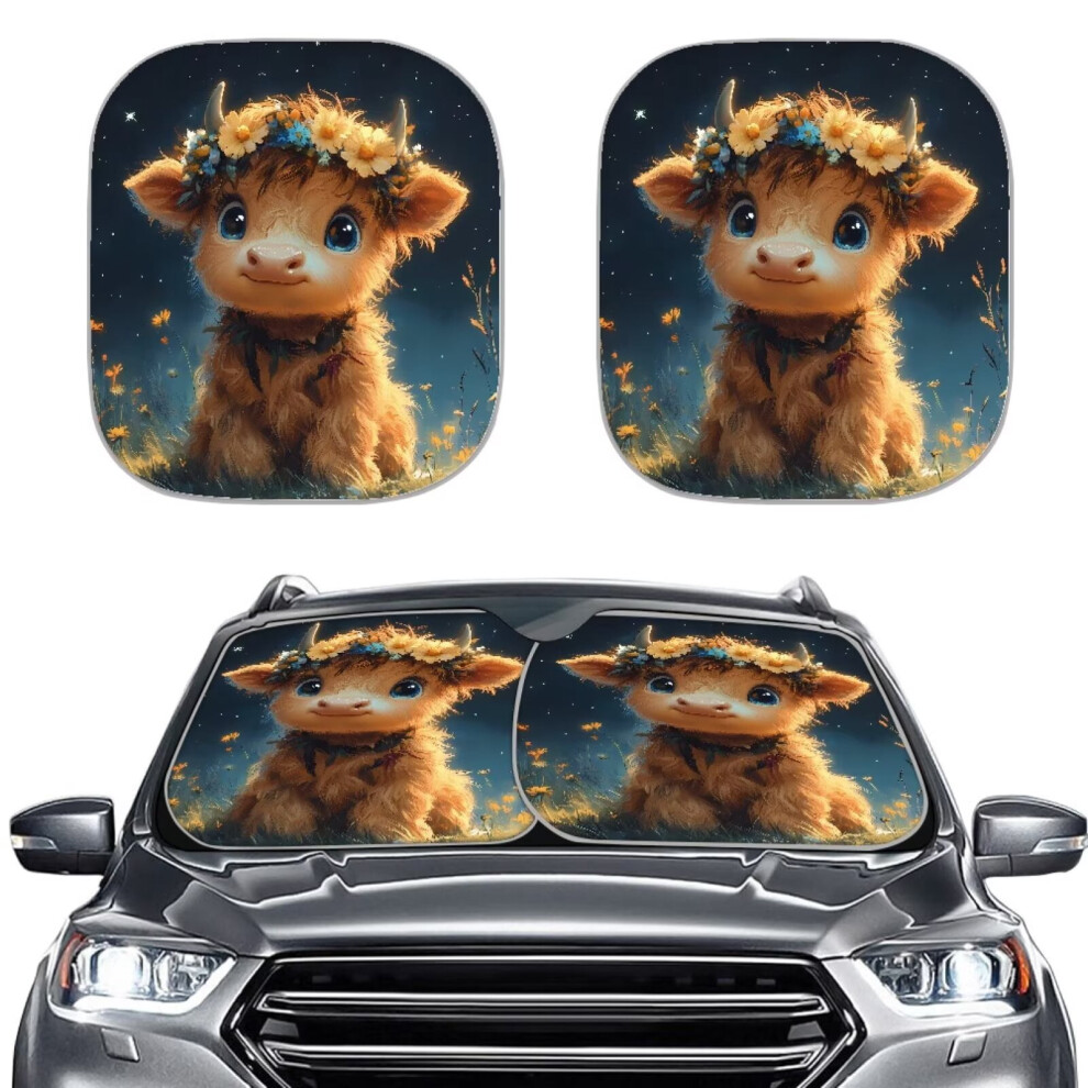 Baby Highland Cow Star Flowers 2-Pack Car Sunshades for Windshield, Washable, Universal Fit, Easy Install – Compatible with Most Cars