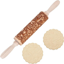 Rodillo de madera repujado de 35 cm, diseño de ratán con flores 3D en tono más oscuro – Ideal para hornear en Acción de Gracias, galletas,