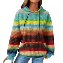 Niedliche Damen-Kapuzenpullover aus Waffelstrick in Regenbogenfarben mit Kordelzug, langen Ärmeln und Tasche – lässige und bequeme Oberteile.