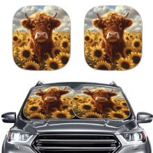 Highland Cow Sunflower Car Sun Shade Set of 2 – Windshield Visor, Heat Shield & UV Reflector to Prevent Dashboard Fades & Cracks, Compatible with