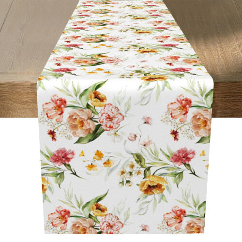 Rustic White Table Runner,Pink Floral Kitchen Dining Table Decoration 13x72 Inch