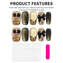 (54 Short Ladder, S) 3D Bowknot Press On Nails - Black Gold Star Butterfly