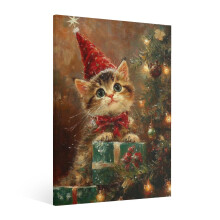 Vintage kat en kerstboom muurdecoratie – Retro canvasprint voor de feestdagen, perfect voor de woonkamer, keuken of slaapkamer – past bij