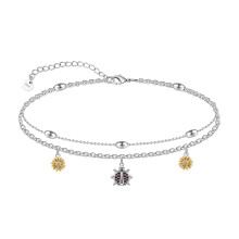 CHIC & ARTSY 925 Sterling Silver Ladybug Ankle Bracelet Cute Double Layer Sunflower Insect Charm Anklet Bracelets for Women