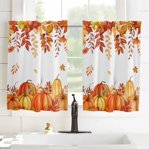 Pumpkin Tier Curtains 42x54 Rustic Orange Red Maple Leaves