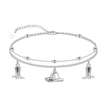 925 Sterling Silver Cowboy Hat Ankle Bracelet for Women, Adjustable Dainty Layered Boot Anklet Jewelry