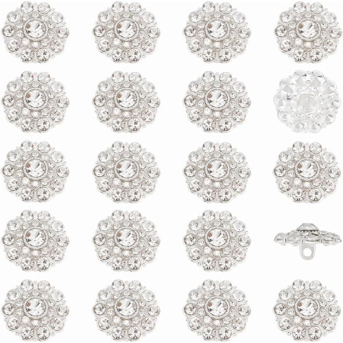Rhinestone Buttons Flower Shape Silver Alloy 20PCS