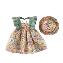 Dresses For Girls Vacation Holiday Floral Print Ruffle Sleeveless Party Princess With Hat 2 Piece Set