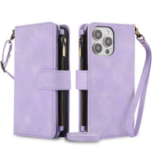 Purple PU Leather Wallet Case for Women, RFID Blocking, Magnetic Stand, Crossbody & Wristlet Strap – Compatible with iPhone 16 Pro Max
