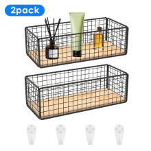 2Pcs Small Metal Wire Basket for Wall Mount, Wood Base, Toilet Paper Holder – Compatible with Bathroom Organizer