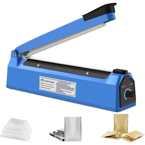 200mm Impulse Sealer for PE/PP/PVC Bags – 8 Temp Settings, Safety Fuse, Light Indicator, Replaceable Grip