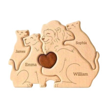 Wooden Family Puzzle Set with Carved Lion Figures Heart
