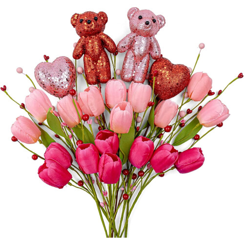 Artificial Floral Picks Pink Red Bear Heart Tulip 10-Pack