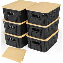 Lot de 6 paniers de rangement en plastique avec couvercle en bambou, empilables, pour bureau, placard, étagères, tiroirs, garde-manger, bureau,