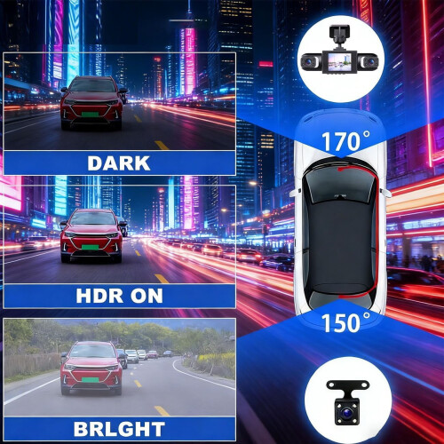 Wireless Dash Cam 1080p HD 3-Lens 2.0-inch Display 1