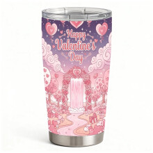 Double-Wall Insulated Stainless Steel Tumbler with Lid and Straw, Pink Heart Fantasy Garden Scene, Valentine Gift for Girlfriend & Wife