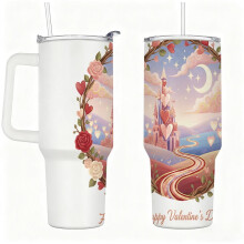Cute Heart Castle Artwork Stainless Steel Insulated Tumbler with Handle, Hot Cold Travel Cup with Straw, Gift for Girlfriend & Loved Ones